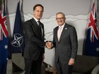 Anthony Albanese shakes hands with Secretary General of NATO Mark Rutte during a bilateral meeting on the sidelines of the G7 Leaders' Summit.