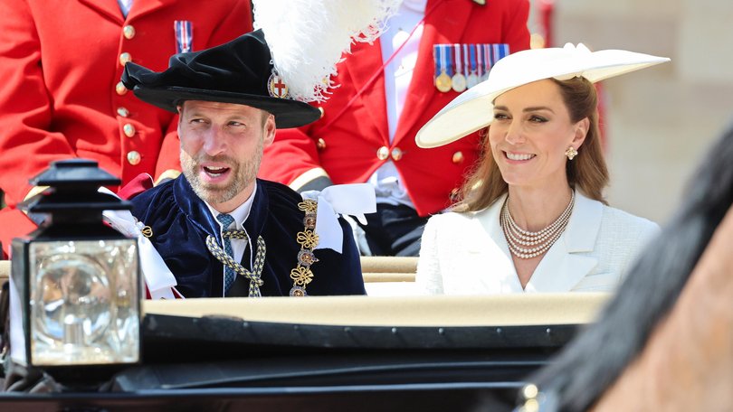 Prince William, Prince of Wales and Catherine, Princess of Wales depart the Order of the Garter service at St. George's Chapel, Windsor Castle.