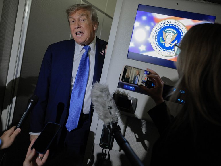 CALGARY, ALBERTA - JUNE 16: U.S. President Donald Trump talks to reporters on board Air Force One after leaving early from the G7 Leaders' Summit on June 16, 2025 in Calgary, Alberta. Trump said he was leaving the summit a day early to return to Washington to try to deal with the conflict between Israel and Iran.  (Photo by Chip Somodevilla/Getty Images)