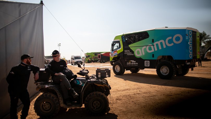 The Saudi Aramco H2 hydrogen-powered racing truck, during the Dakar Rally in Riyadh, Saudi Arabia.