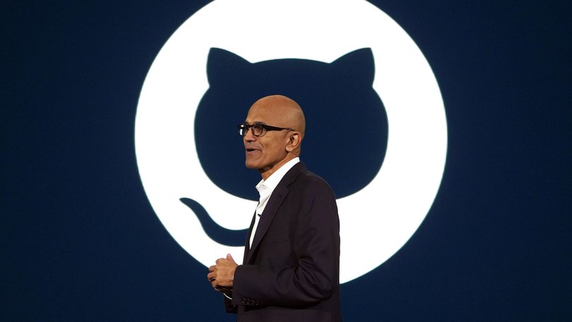 Satya Nadella, chief executive officer of Microsoft Corp., in front of the Github logo as he speaks during the company event on AI technologies in Jakarta, Indonesia, on Tuesday, April 30, 2024.