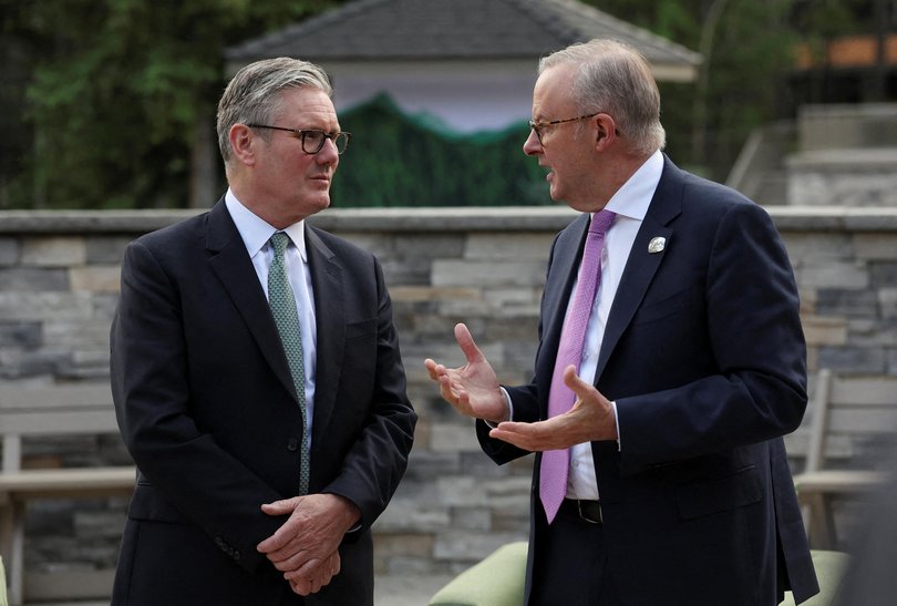 Britain's Prime Minister Keir Starmer and Australian PM Anthony Albanese hold a bilateral meeting during the G7 in Canada.
