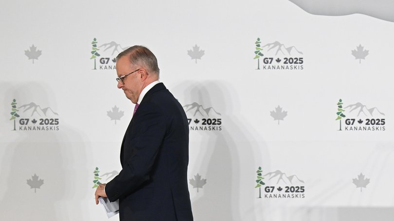 Australian Prime Minister Anthony Albanese leaves after speaking to the media at a press conference after attending the G7 Leaders' Summit in Kananaskis.