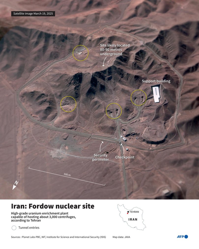 Infographic with satellite image from Planet Labs PBC from March 19, 2025, showing the Fordow nuclear site, in Iran.