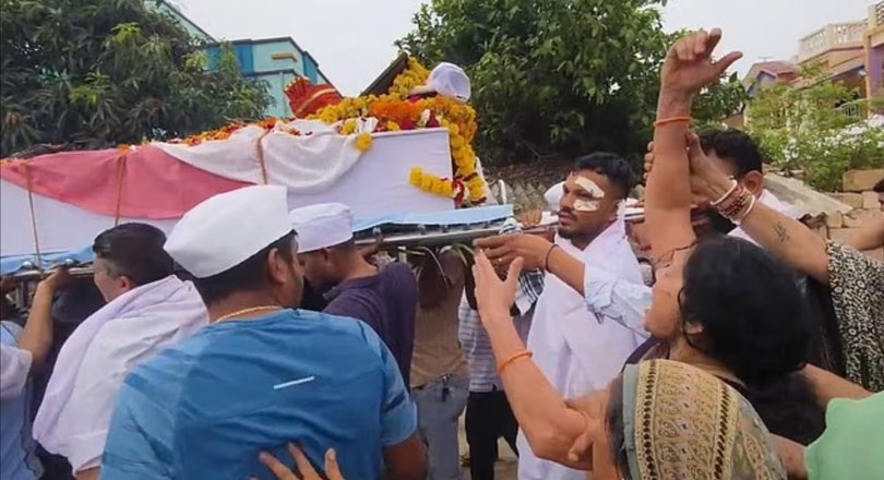 The tragic sole survivor of the Air India crash tragedy has today carried the coffin of his brother, who died in the devastating incident. British national Vishwash Kumar Ramesh, 40, from Leicester, had plasters on his face and was walking with a limp as he held up the casket of his sibling Ajay at the ceremony in Gujarat. The brothers were both onboard AI171, which last week crashed in a densely populated part of the west India city of Ahmedabad. Vishwash, who was sitting in seat 11A, escaped the wreckage moments before it was engulfed by flames. Picture: Unknown