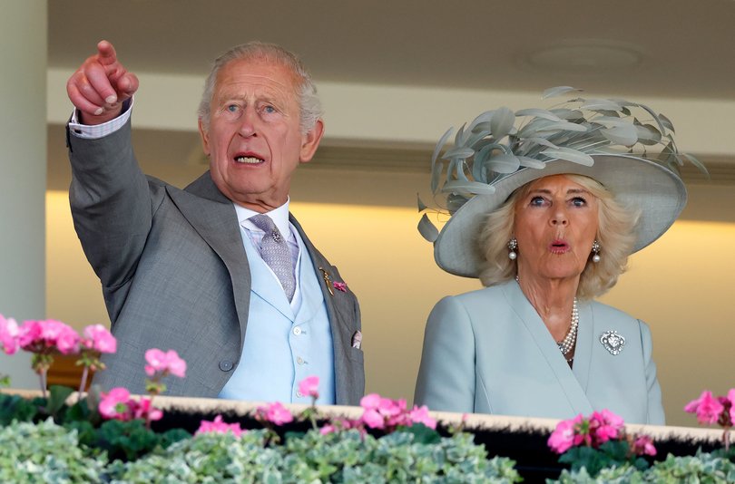 King Charles III and Queen Camilla watch their horse Reaching High run in the Ascot Stakes on day one of Royal Ascot.