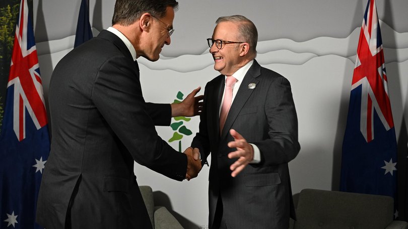 Australian Prime Minister Anthony Albanese shakes hands with Secretary General of NATO Mark Rutte at G7 Summit in Canada, Monday, June 16, 2025.