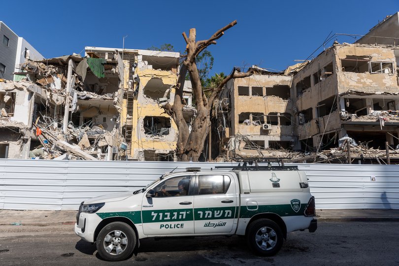 A general view of the partially collapsed buildings damaged by some of the ballistic missiles launched by Iran on June 18, 2025 in Tel Aviv, Israel.