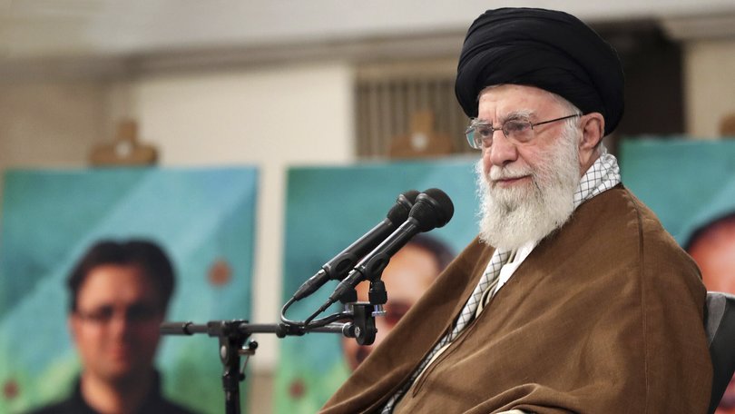 Iran's supreme leader, Ayatollah Ali Khamenei, listens to a speaker in a meeting in Tehran on Oct. 17, 2023.