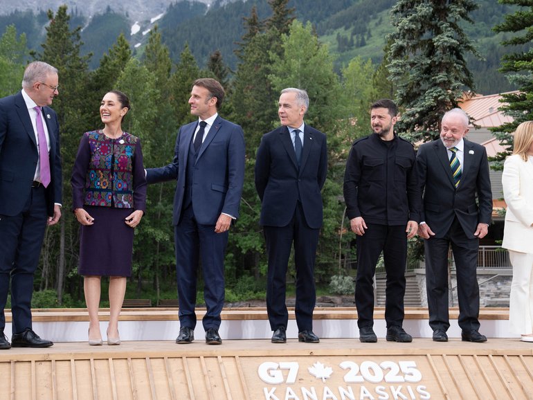 From left, Australian Prime Minister Anthony Albanese, Mexican President Claudia Sheinbaum, French President Emmanuel Macron, Canadian Prime Minister Mark Carney, Ukrainian President Volodymyr Zelensky, Brazilian President Luiz Inacio Lula da Silva and Italian Prime Minister Giorgia Meloni at the G7.