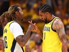 James Johnson and Obi Toppin celebrate during the Pacers’ win.