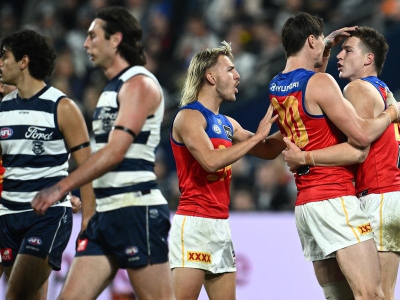 Brisbane have stunned Geelong, winning at GMHBA Stadium for the first time in more than two decades.