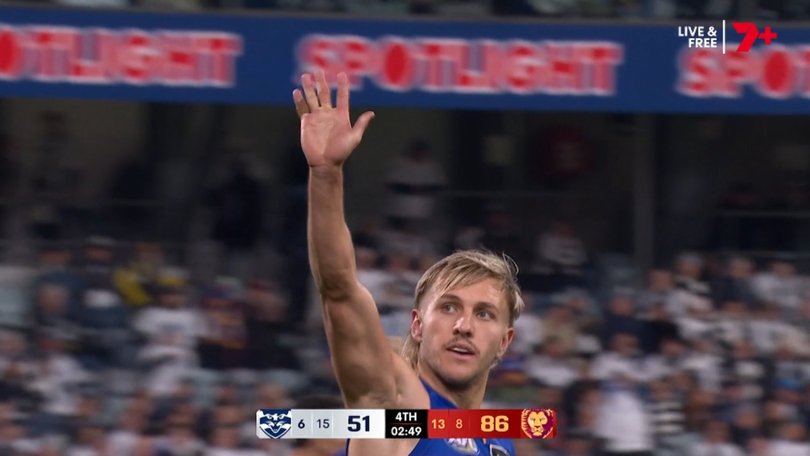 Kai Lohmann cheekily waving goodbye to the Geelong fans.