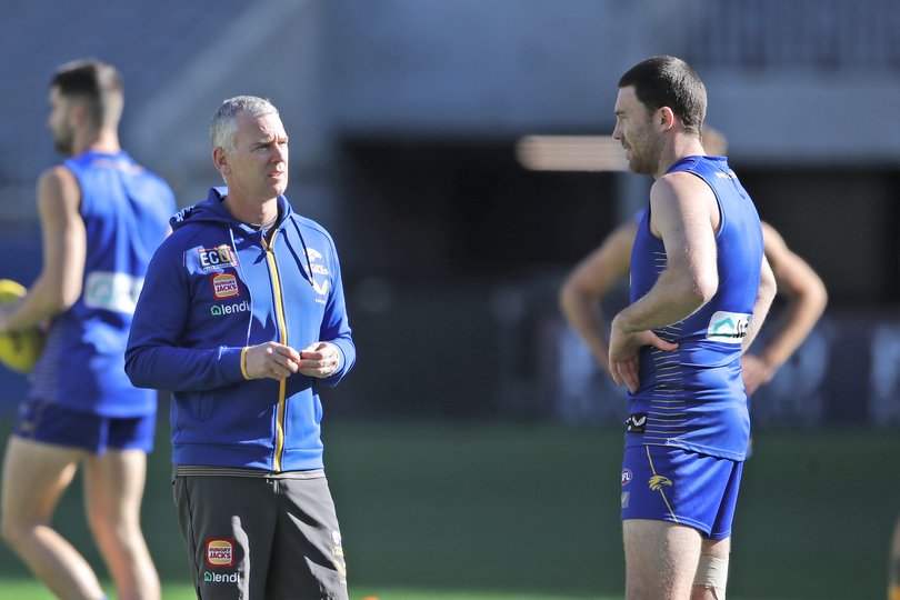 Coach Adam Simpson and Jeremy McGovern. West Coast Eagles training at Optus Stadium. 26 JUNE 2021 Picture: Danella Bevis The West Australian