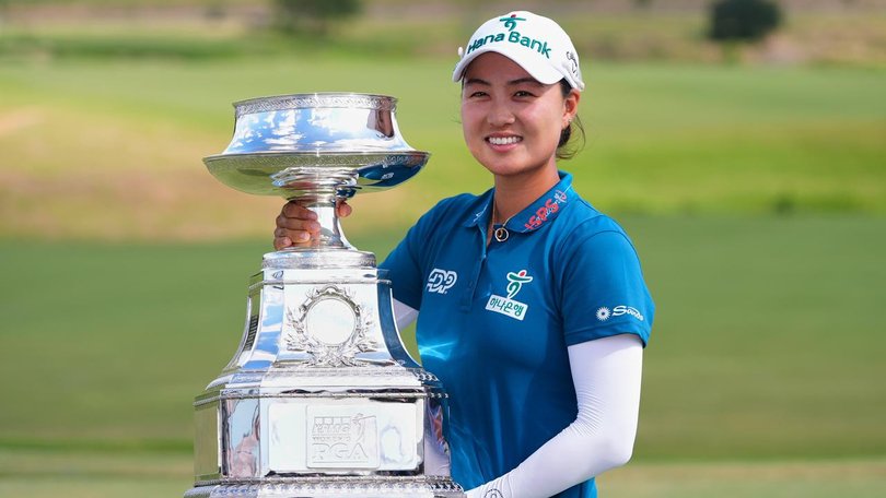 Minjee Lee is all smiles after she secured her third major triumph by taking out the Women's PGA. (AP PHOTO)