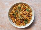 Genevieve Ko’s classic fettuccine Alfredo with crispy chilli oil. Fettuccine Alfredo is the ideal pasta canvas for the firecracker crunch of crispy chilli oil. Food Stylist: Hadas Smirnoff. (Kate Sears/The New York Times)