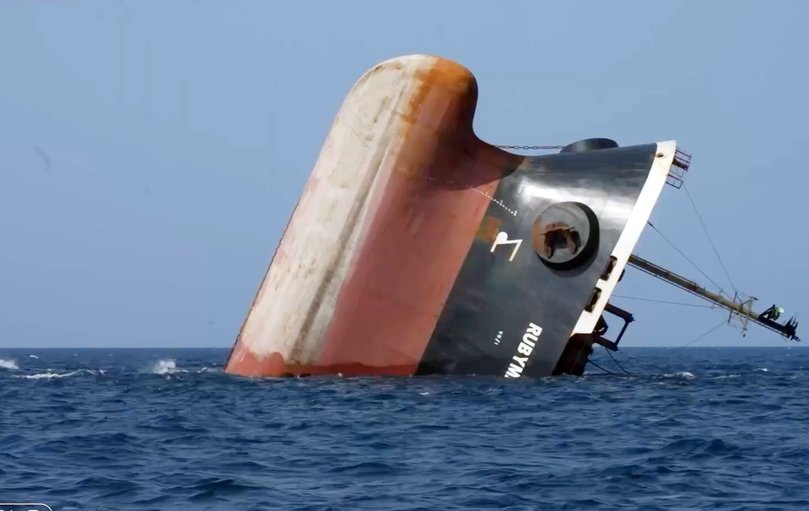 The British-registered cargo ship Rubymar sinking after it was targeted by Yemen's Houthi forces in international waters in the Red Sea, on March 7, 2024.