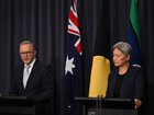 Australian Prime Minister Anthony Albanese and Australian Foreign Minister Penny Wong speak to media during a press conference at Parliament House in Canberra, Monday, June 23, 2025. (AAP Image/Lukas Coch) NO ARCHIVING