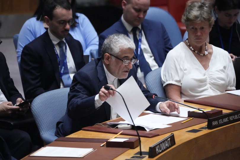 Iranian Permanent Representative to the UN Amir Saeid Iravani speaks during a United Nations Security Council emergency meeting in New York.