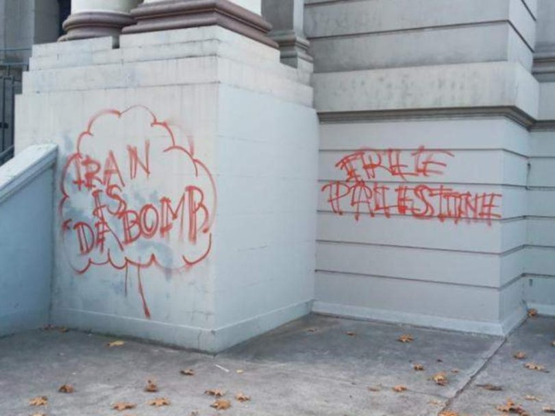 The graffiti was scrawled soon after US bombs fell on Iran. Picture: Supplied