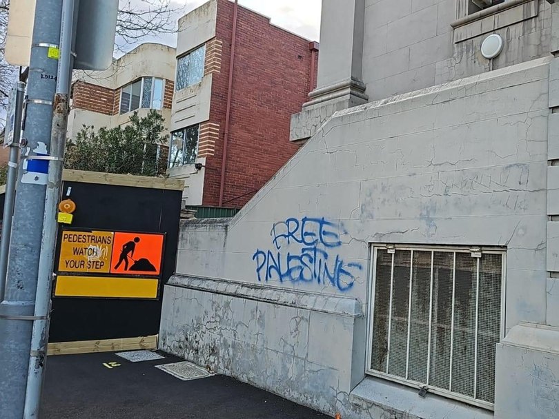 A pro-Palestine message was graffitied on the Melbourne Hebrew Congregation on Sunday. Picture: Supplied