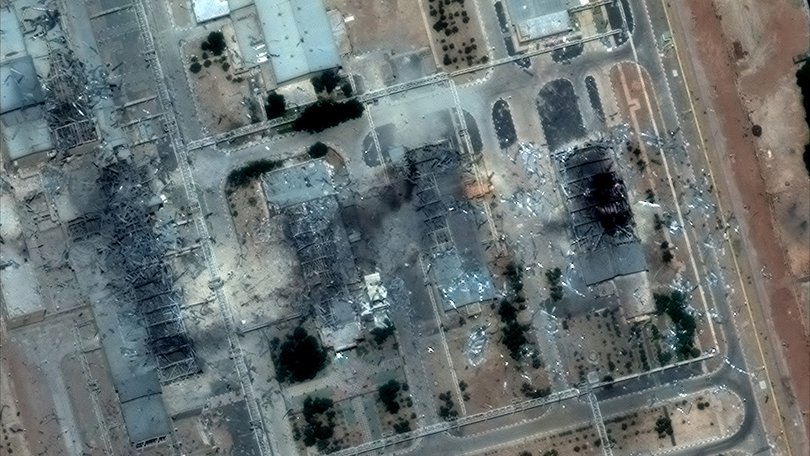 Maxar satellite imagery provides a second close-up view of the Isfahan nuclear facility showing severe damage after the airstrikes. Multiple buildings are visibly damaged or destroyed.