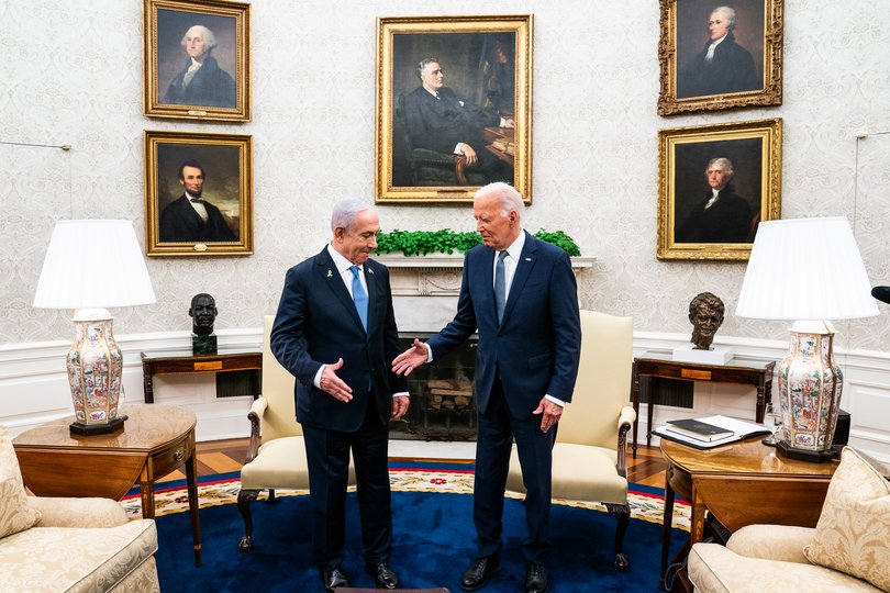President Joe Biden and Netanyahu shake hands during a bilateral meeting in the Oval Office on July 25. MUST CREDIT: Demetrius Freeman/The Washington Post