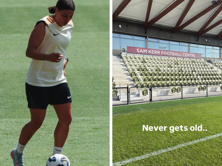 Sam Kerr training last week (left) and shots from her return to Perth this week.
