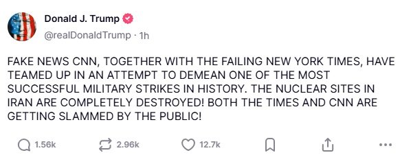 The US President has slammed CNN and The New York Times in a new Truth Social post.