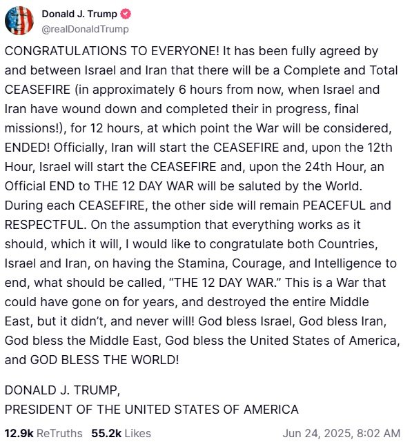 US President Donald Trump announced a ceasefire between Israel and Iran.