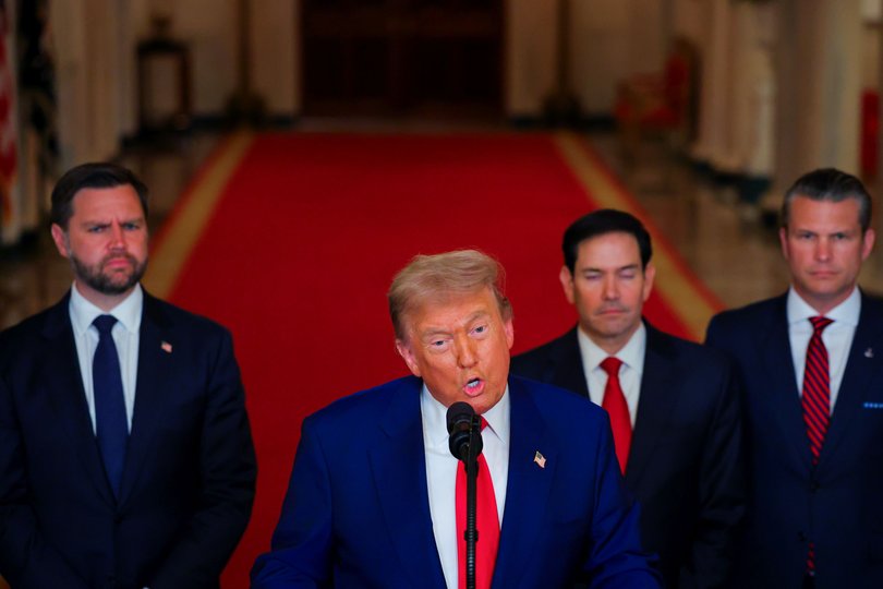 US Vice President JD Vance, from left, US President Donald Trump, Marco Rubio, US secretary of state, and Pete Hegseth, US secretary of defense, during an address to the nation in the East Room of the White House in Washington, DC, US, on Saturday, June 21, 2025.