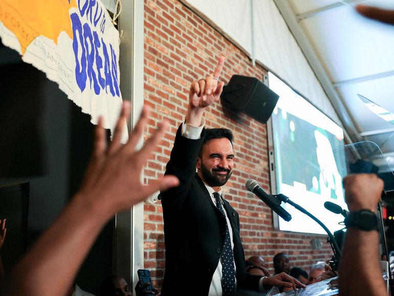 Zohran Mamdani during an election night event in New York, early on June 25. MUST CREDIT: Christian Monterrosa/Bloomberg Christian Monterrosa