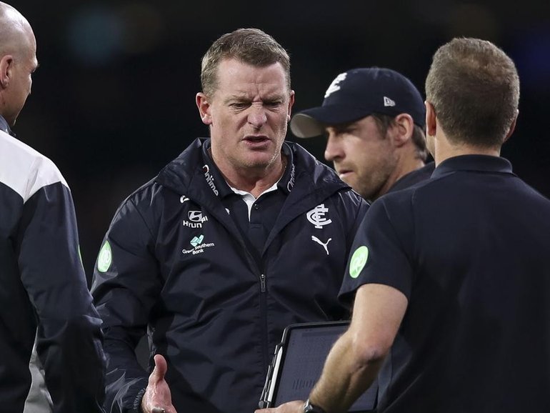 Carlton coach Michael Voss cut a worried figure during his side's horror loss to Port Adelaide. 