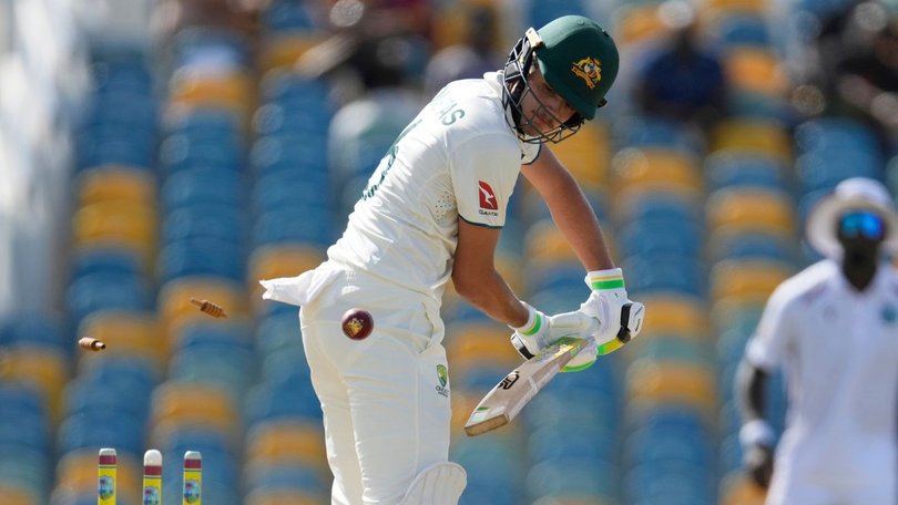 Konstas chops the ball onto his stumps.