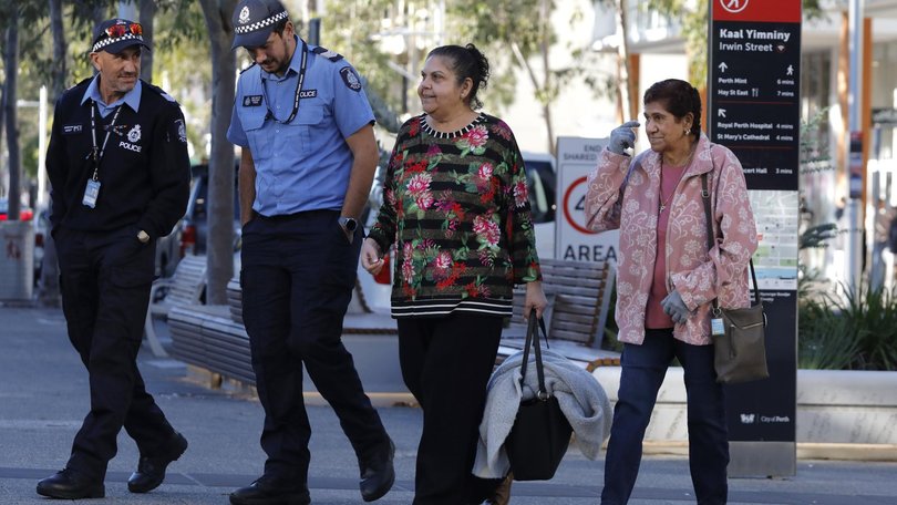 Mechelle Turvey arrives at court with supporters and police for the sentencing of her son’s killers in the WA Supreme Court. Picture: NewsWire/Philip Gostelow