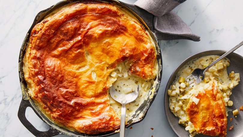 Loaded with the season’s finest offerings, this pie comes together in one frying pan and manages to be hearty yet light. Food stylist: Monica Pierini.