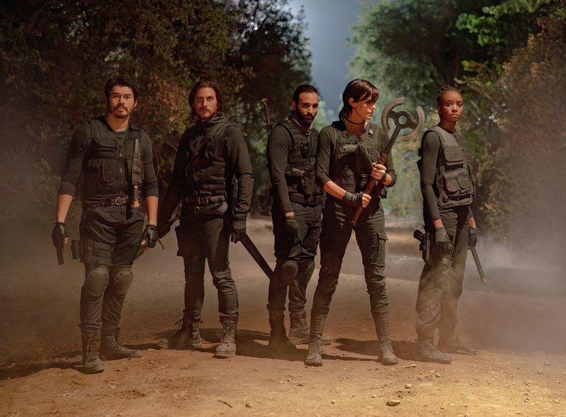 Henry Golding, Luca Marinelli, Marwan Kenzari, Charlize Theron and KiKi Layne in The Old Guard 2.