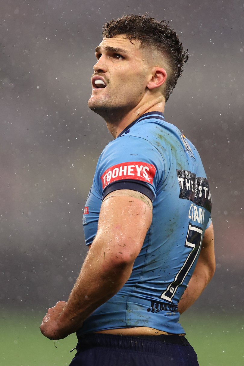 PERTH, AUSTRALIA - JUNE 18: Nathan Cleary of the Blues looks on during game two of the Men's State of Origin series between Queensland Maroons and New South Wales Blues at Optus Stadium on June 18, 2025 in Perth, Australia. (Photo by Paul Kane/Getty Images)