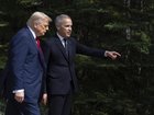 Prime Minister Mark Carney gestures as he speaks with United States President Donald Trump during the official welcome ceremony at the G7 Summit in Kananaskis, Alberta, Canada, Monday, June 16, 2025. (Adrian Wyld/The Canadian Press via AP)