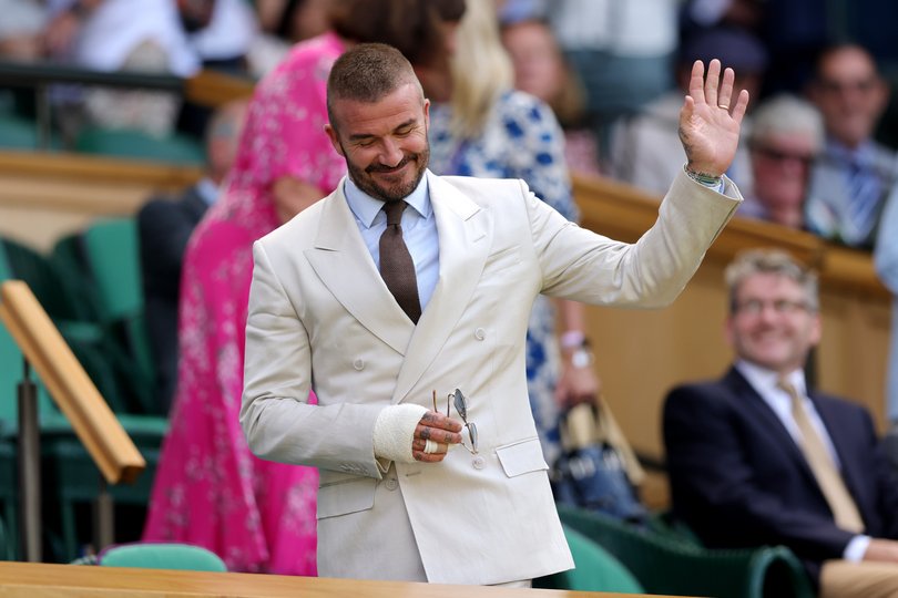 Beckham arrives in the Royal Box before the Gentlemen's Singles first round match between Fabio Fognini of Italy and Carlos Alcaraz of Spain on day one of The Championships Wimbledon 2025.