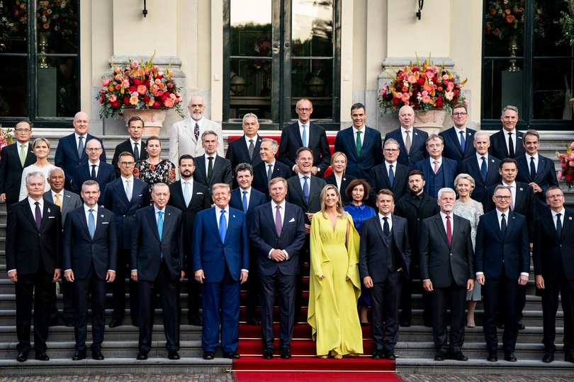 NATO Leaders join King Willem-Alexander and Queen Máxima of the Netherlands for a family photo as they participate in the 2025 NATO summit on June 24, 2025 in The Hague, Netherlands.