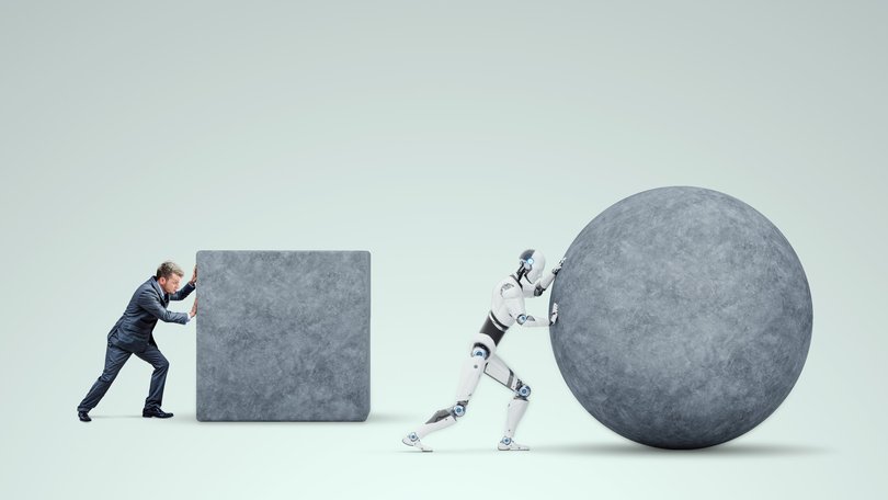 Robot and human compete for work.