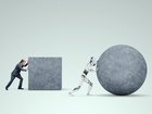 Robot and human compete for work. 