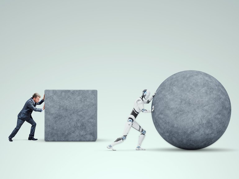 Robot and human compete for work. 