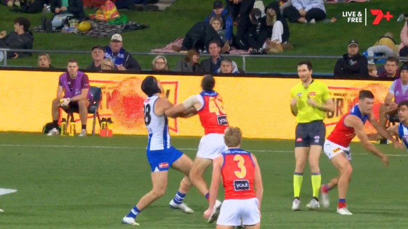 Josh Dunkley accidentally clipping the foot of an umpire. 
