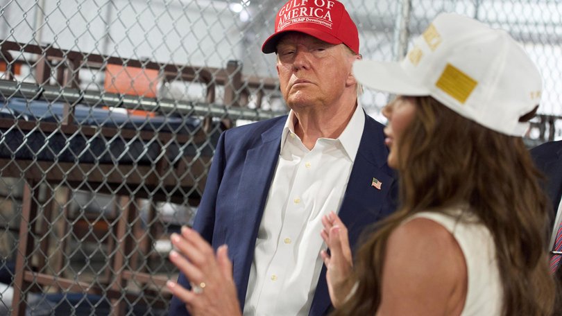 Trump with Homeland Security Secretary Kristi Noem during a tour of the new migrant detention facility in Florida dubbed “Alligator Alcatraz” this week. 