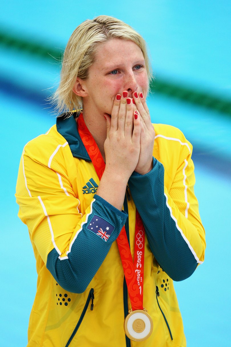Leisel Jones with the Olympic gold medal for the women's 100m breaststroke in Beijing in 2008.