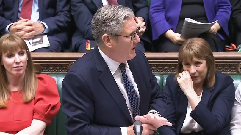 Chancellor of the Exchequer Rachel Reeves (right) crying as Prime Minister Sir Keir Starmer speaks during Prime Minister's Questions.