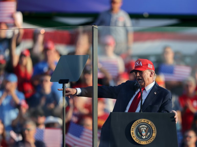 US President Donald Trump speaks at the Iowa State Fairgrounds in Des Moines, Iowa, US, on Thursday, July 3, 2025. Trump intends to lay out his plans to celebrate the nation's 250th anniversary, in addition to emphasizing his bid to codify tax, immigration and welfare reforms in Congress. Photographer: Scott Morgan/Bloomberg