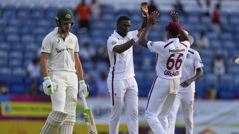 West Indies' Jayden Seales celebrates after bowling Australia's Sam Konstas for a duck on day two. (AP PHOTO)